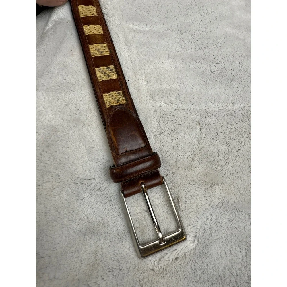 Mens Brown Top Grain Leather Belt Woven Inlay Silver Buckle Size‎ 40 Distressed